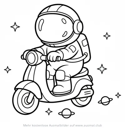 Astronaut fährt Roller im Weltraum Ausmalbild