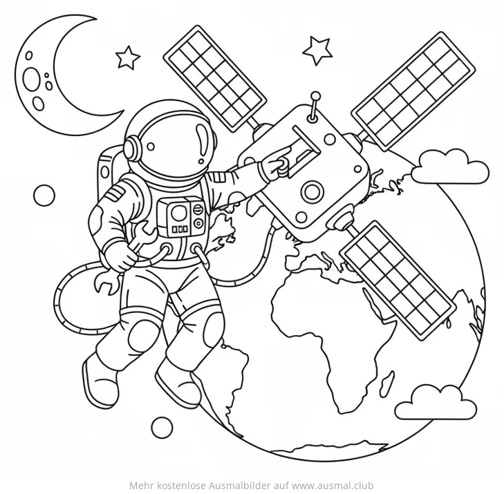 Astronaut repariert Satelliten Ausmalbild vor der Erde