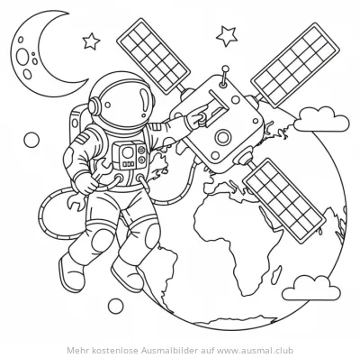 Astronaut repariert Satelliten Ausmalbild vor der Erde