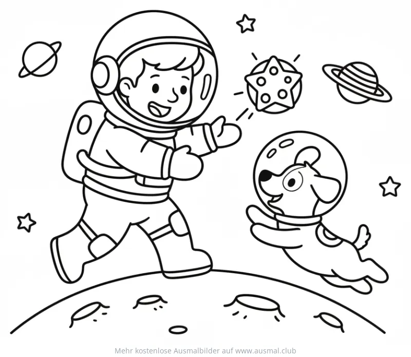 Astronaut und Hund im Weltraum Ausmalbild