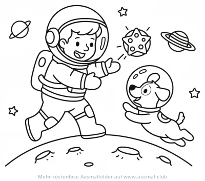 Astronaut und Hund im Weltraum Ausmalbild