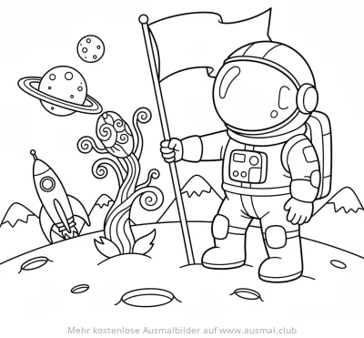 Astronaut hisst Flagge auf neuem Planeten Ausmalbild