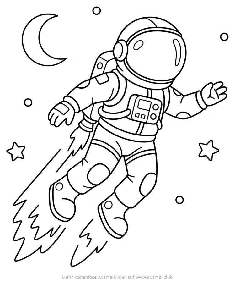 Astronaut mit Jetpack fliegt durch den Weltraum Ausmalbild