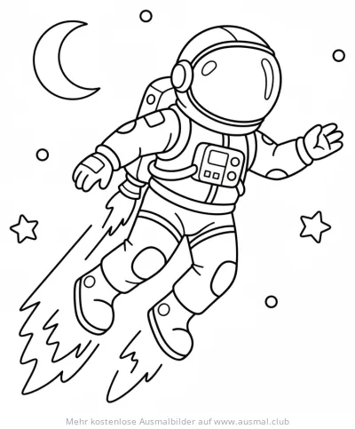 Astronaut mit Jetpack fliegt durch den Weltraum Ausmalbild