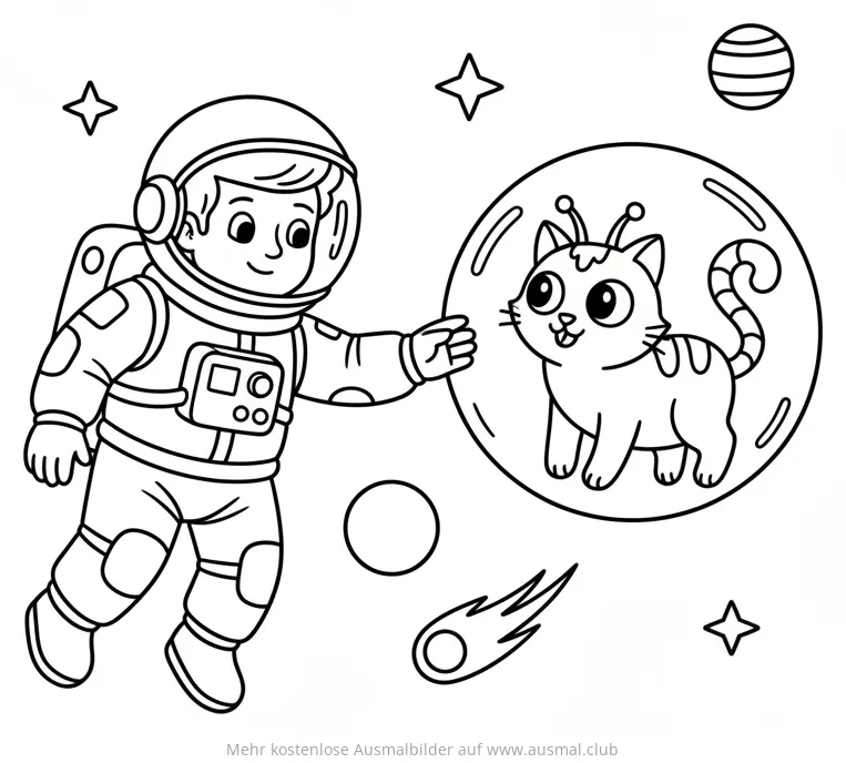 Astronaut und Weltraum-Katze in Blase Ausmalbild