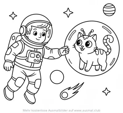 Astronaut und Weltraum-Katze in Blase Ausmalbild