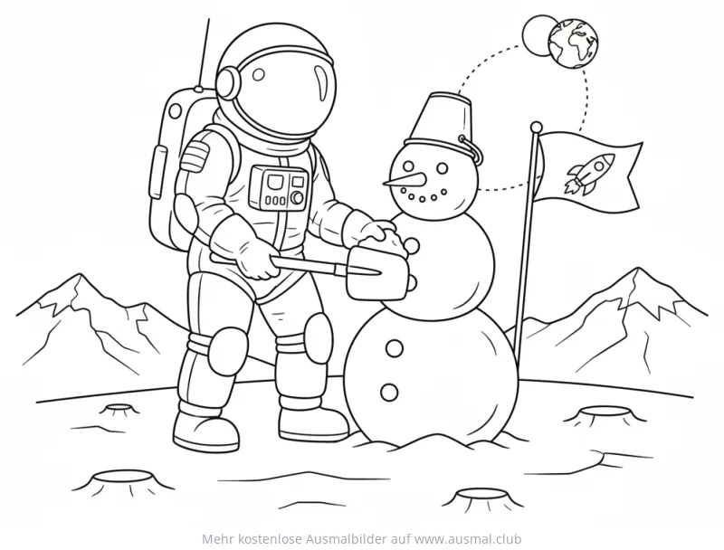Astronaut baut Schneemann auf dem Mond Ausmalbild