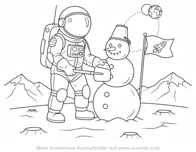 Astronaut baut Schneemann auf dem Mond Ausmalbild