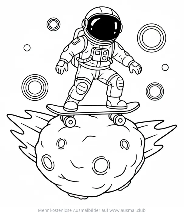 Astronaut auf Skateboard reitet auf Komet Ausmalbild