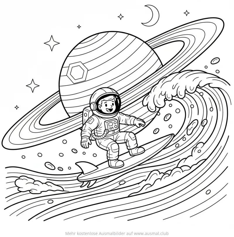 Astronaut surft auf Welle vor Saturn Ausmalbild