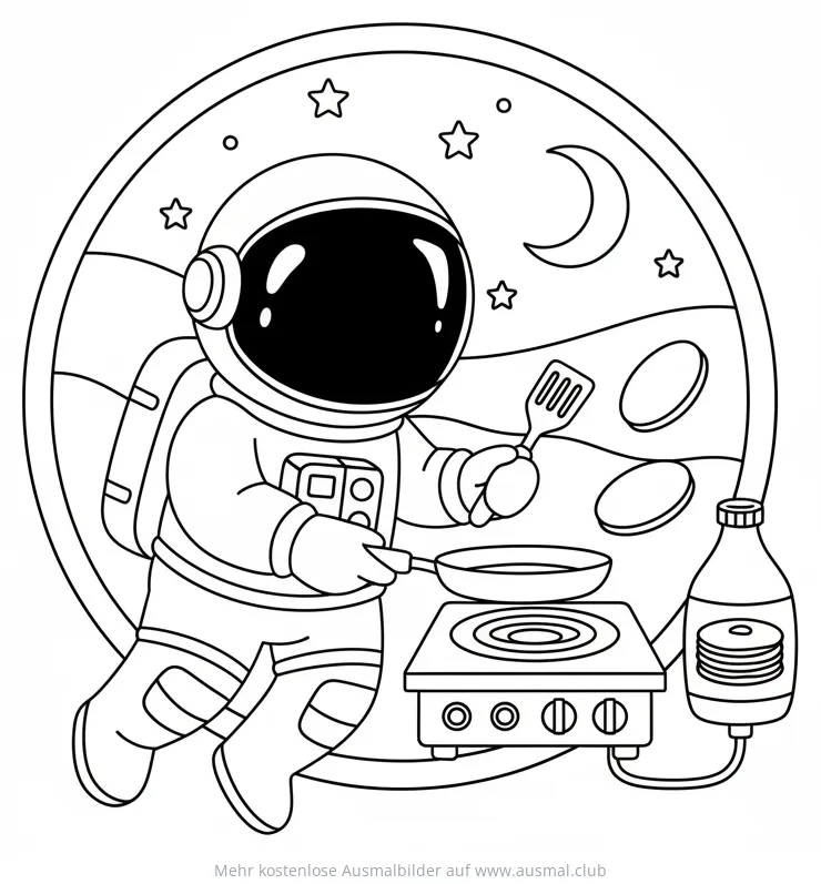 Astronaut kocht Pfannkuchen im Weltall Ausmalbild