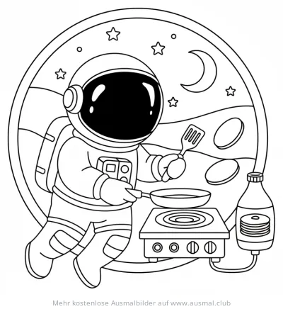 Astronaut kocht Pfannkuchen im Weltall Ausmalbild