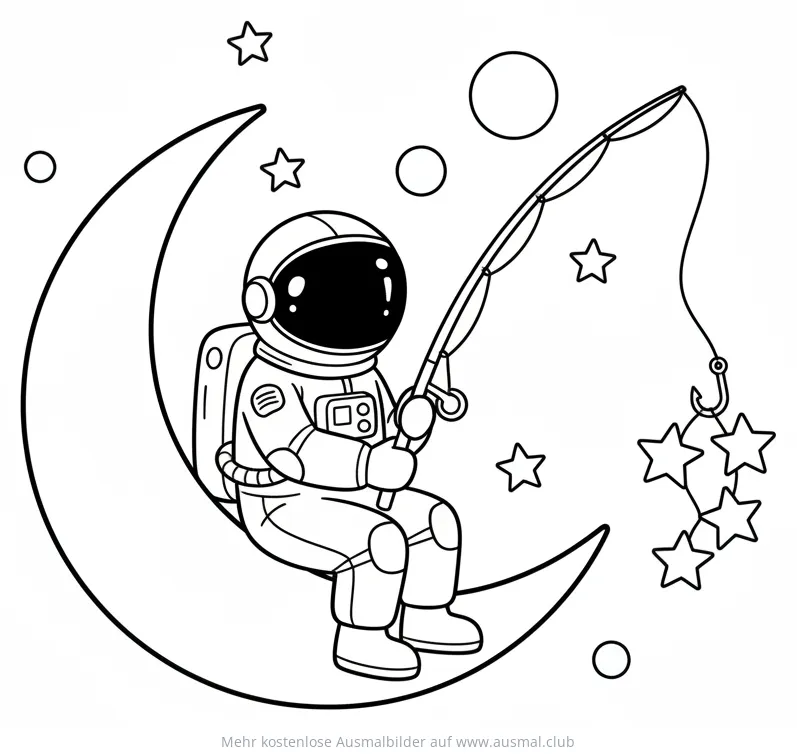 Astronaut sitzt auf dem Mond und angelt Sterne Ausmalbild