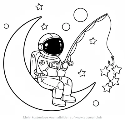 Astronaut sitzt auf dem Mond und angelt Sterne Ausmalbild