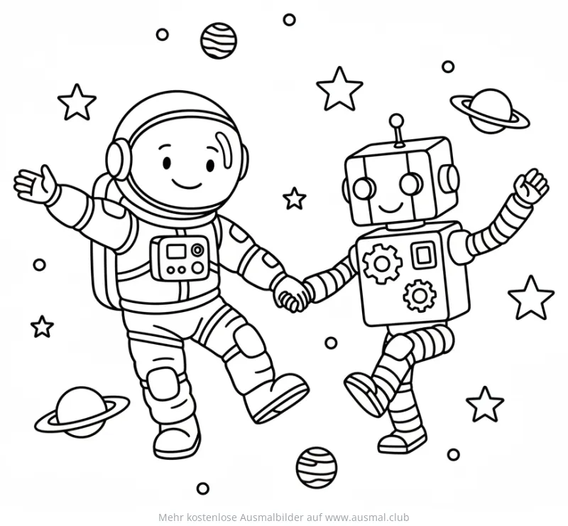 Astronaut und Roboter halten Händchen im Weltall Ausmalbild