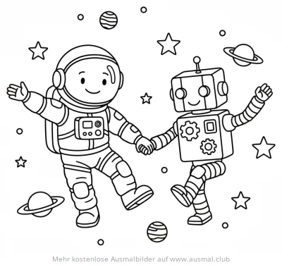 Astronaut und Roboter halten Händchen im Weltall Ausmalbild