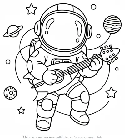 Astronaut mit Gitarre Ausmalbild im Weltraum