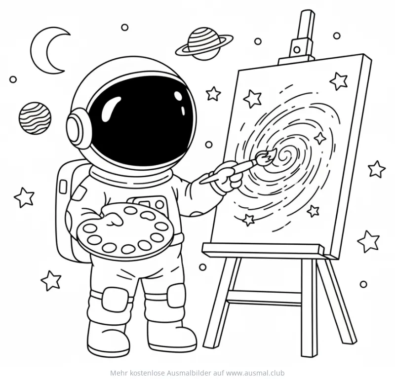 Astronaut malt Galaxie Ausmalbild an Staffelei