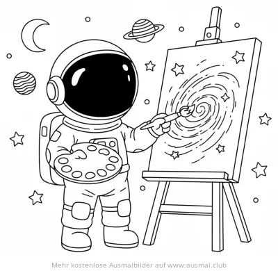 Astronaut malt Galaxie Ausmalbild an Staffelei