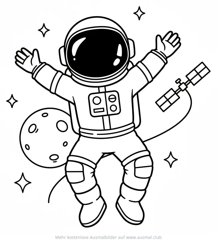 Astronaut schwebt im Weltraum neben Mond und Satellit Ausmalbild