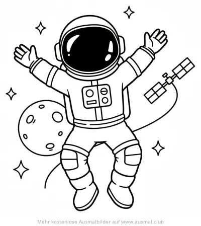 Astronaut schwebt im Weltraum neben Mond und Satellit Ausmalbild