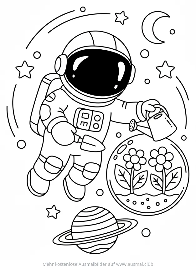 Astronaut gießt Blumen im Weltraum Ausmalbild