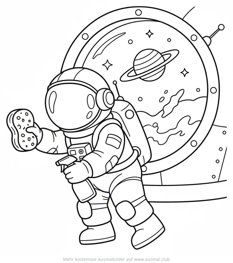 Astronaut putzt Raumschiff-Fenster Ausmalbild