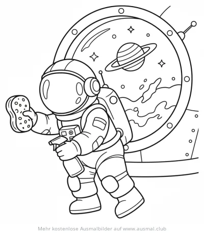 Astronaut putzt Raumschiff-Fenster Ausmalbild