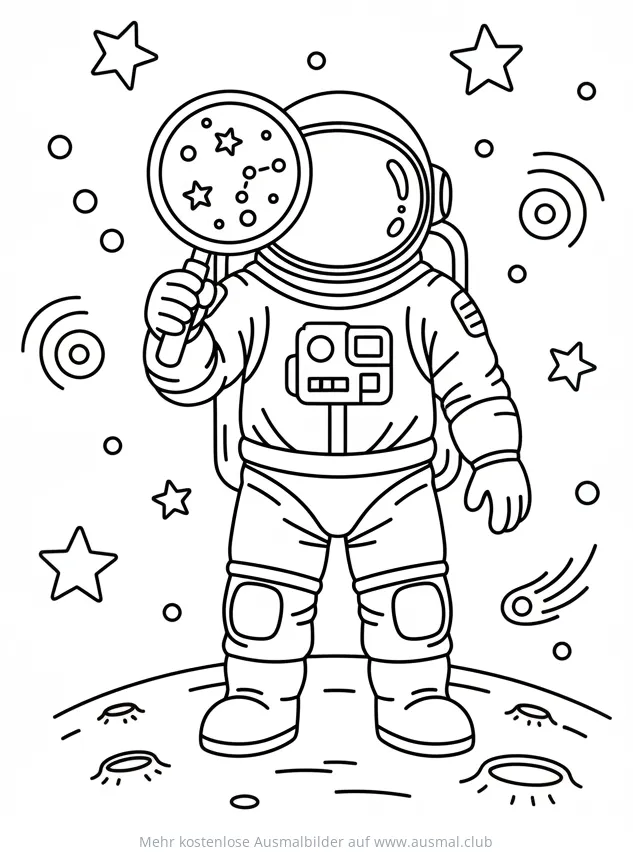 Astronaut mit Lupe auf Mond Ausmalbild