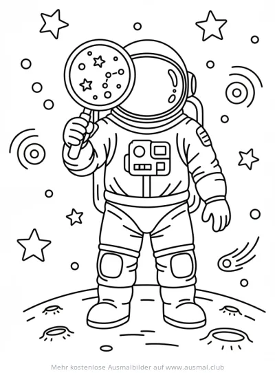 Astronaut mit Lupe auf Mond Ausmalbild