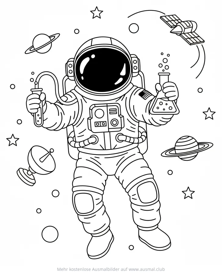 Astronaut mit Reagenzgläsern im Weltraum Ausmalbild