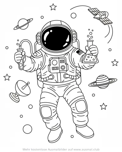 Astronaut mit Reagenzgläsern im Weltraum Ausmalbild