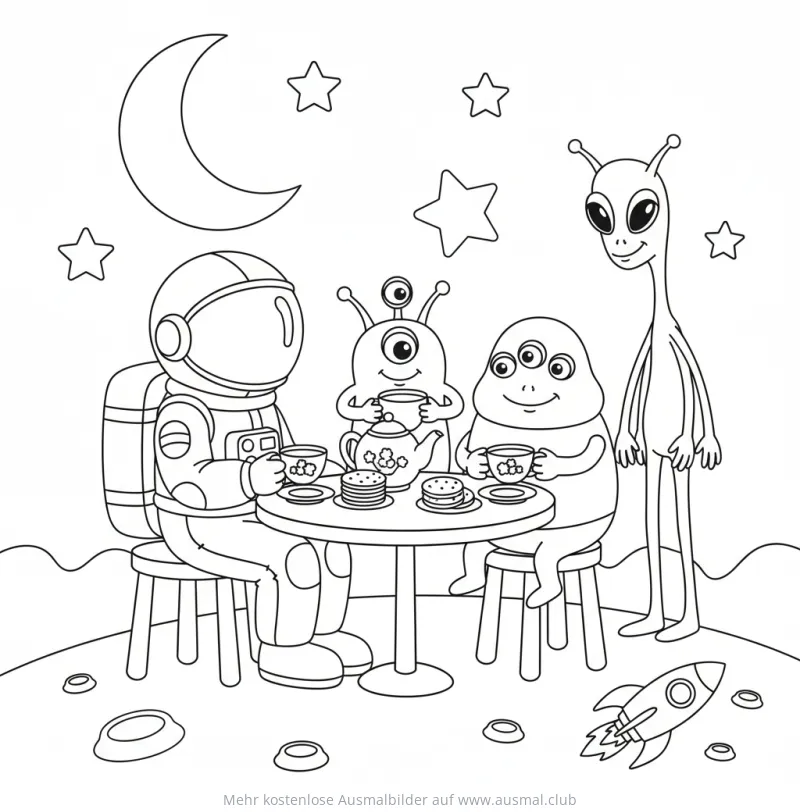 Astronaut und Aliens Teeparty Ausmalbild