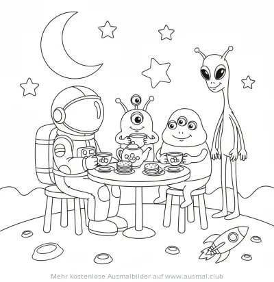 Astronaut und Aliens Teeparty Ausmalbild