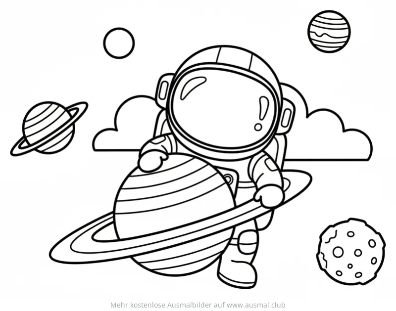 Astronaut hält Planet mit Ring Ausmalbild im Weltraum