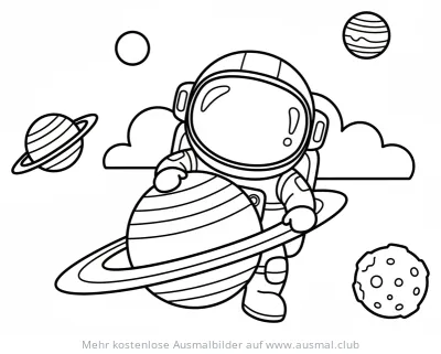Astronaut hält Planet mit Ring Ausmalbild im Weltraum