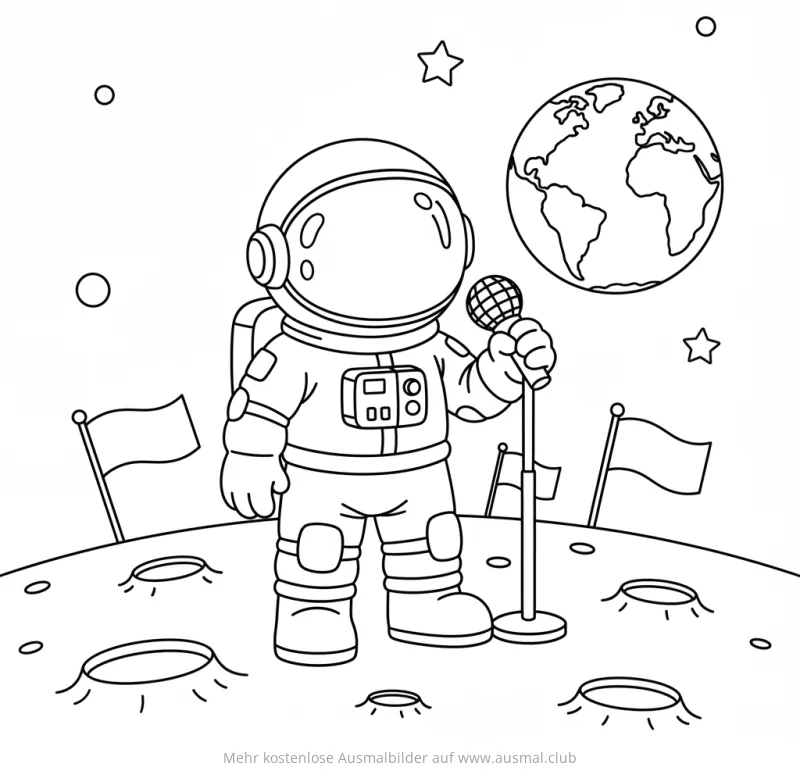Astronaut mit Mikrofon auf dem Mond Ausmalbild