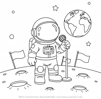 Astronaut mit Mikrofon auf dem Mond Ausmalbild