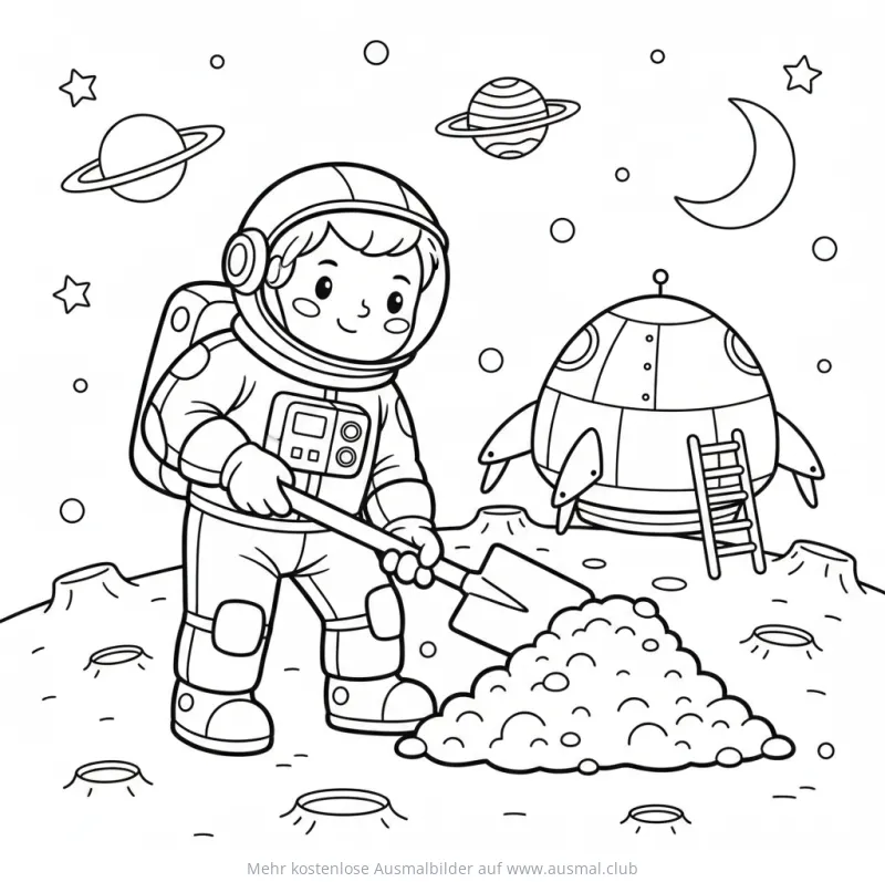Astronaut mit Schaufel auf Mondlandschaft Ausmalbild