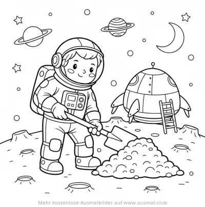 Astronaut mit Schaufel auf Mondlandschaft Ausmalbild
