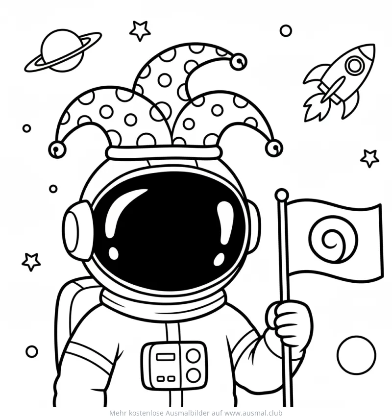 Astronaut mit Narrenhut und Flagge Ausmalbild