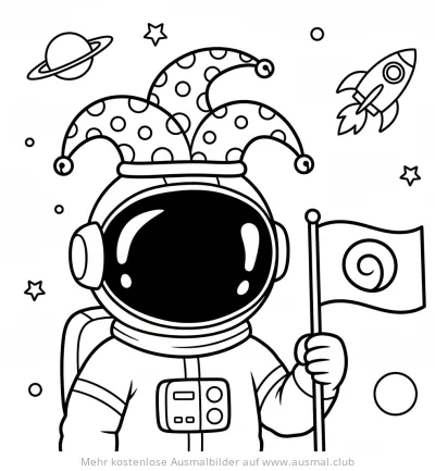 Astronaut mit Narrenhut und Flagge Ausmalbild