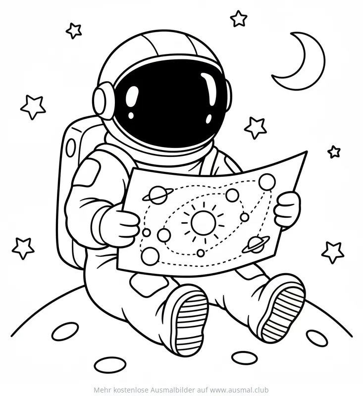 Astronaut Ausmalbild mit Karte des Sonnensystems auf dem Mond sitzend