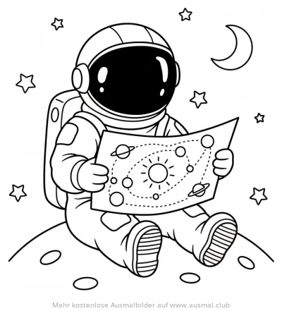 Astronaut Ausmalbild mit Karte des Sonnensystems auf dem Mond sitzend