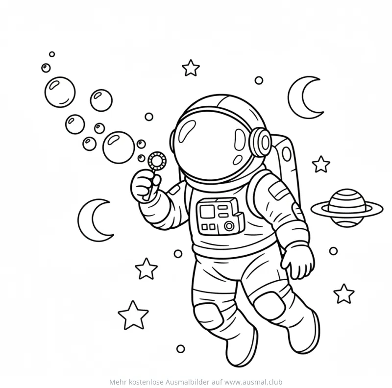 Astronaut pustet Seifenblasen im Weltraum Ausmalbild