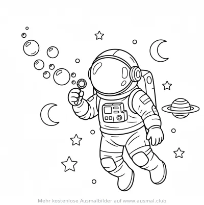 Astronaut pustet Seifenblasen im Weltraum Ausmalbild
