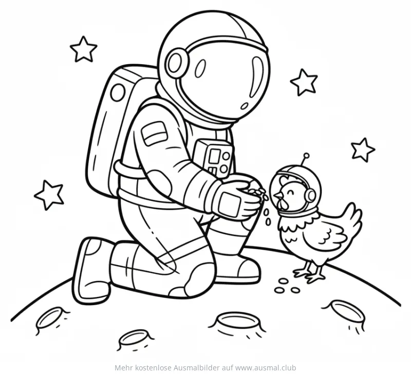 Astronaut füttert Huhn im Astronautenhelm Ausmalbild