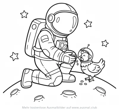Astronaut füttert Huhn im Astronautenhelm Ausmalbild