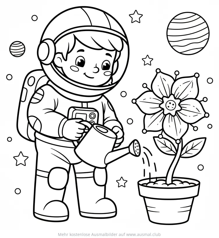 Astronaut gießt Blume im Topf Ausmalbild