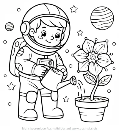 Astronaut gießt Blume im Topf Ausmalbild